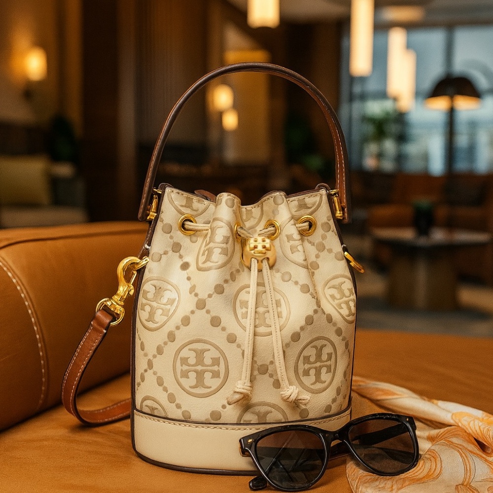 Tory Burch T Monogram Cream/Gray Contrast Embossed Leather Mini Bucket Tote Bag